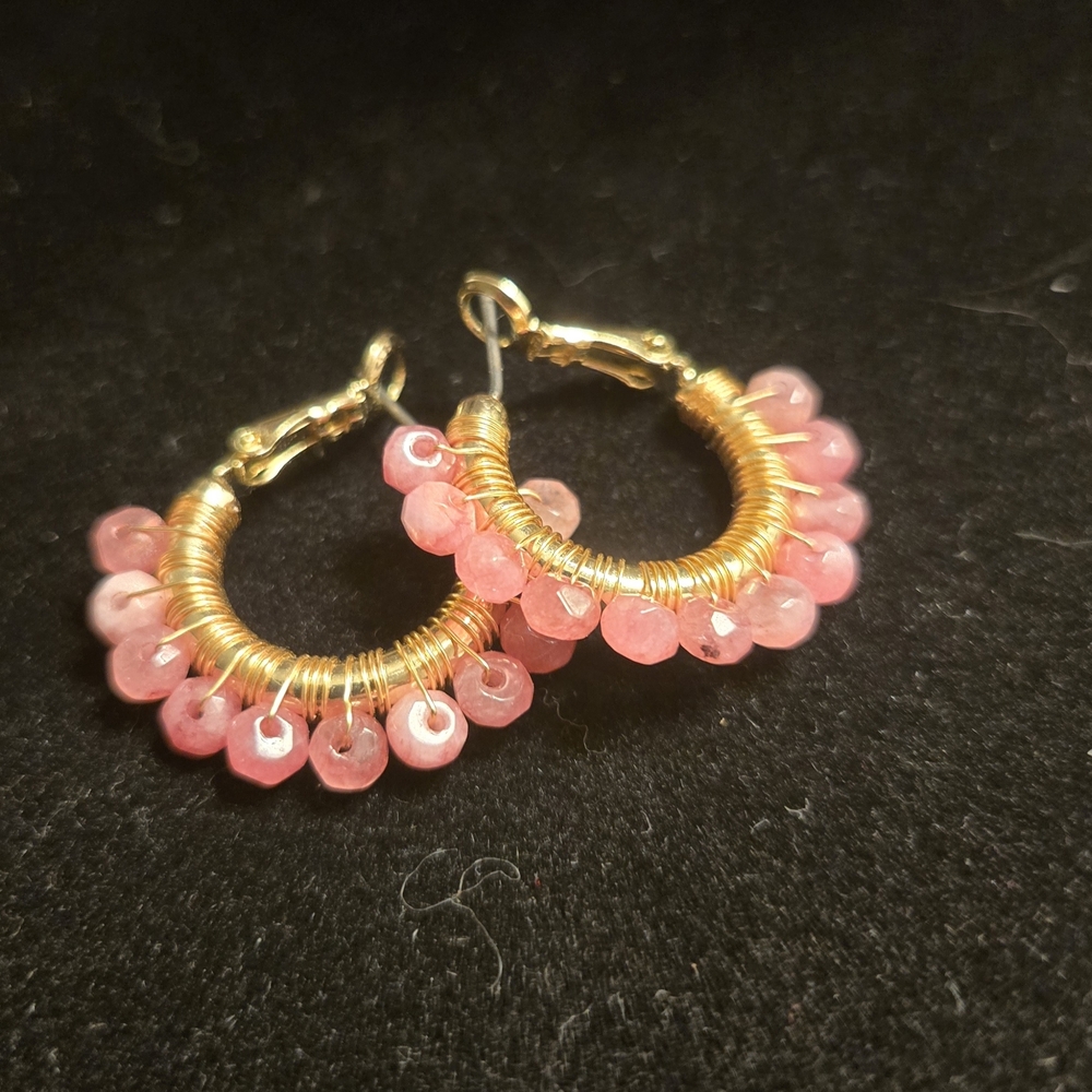 Salty Cali Pismo Mini Gold Hoops. Salty Stones In Pink. - Picture 2 of 2